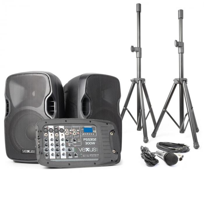 Vexus PSS302 mobilny system PA audio maks. moc 300WBluetooth USB SD MP3 2 x statyw