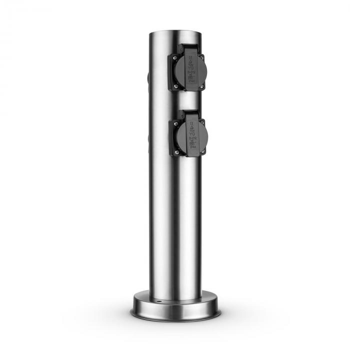 Plug 4 Play Round Steckdosensaule 4er Schuko Rund Edelstahl