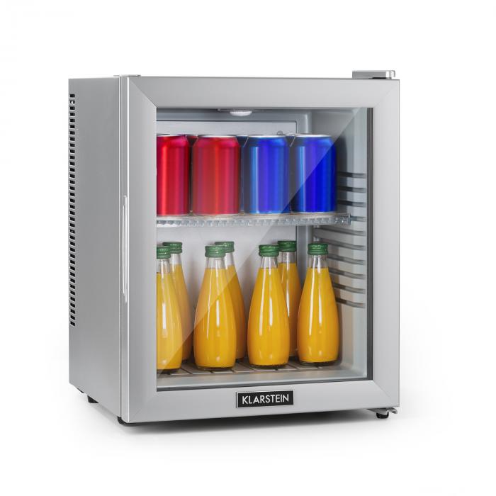 klarstein brooklyn 24 silver minibar mini kuhlschrank thermoelektrisches kuhlsystem 24 liter 3 stufige kuhlung bis 12 c energieeffizienzklasse a gerauschlos 0 db flexibler kunststoffbod