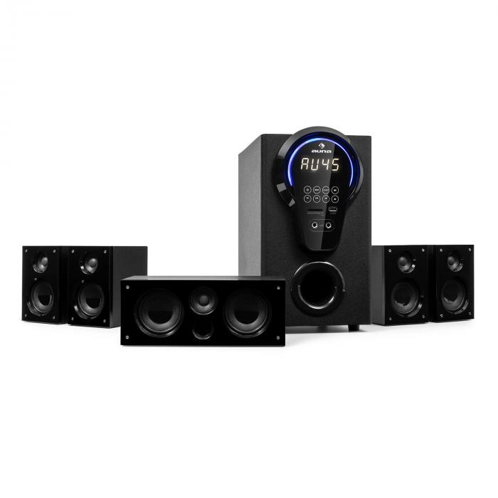 auna Areal Active 525 • 5.1 Surround Sound System • Home Cinema System • Bass Reflex • 5 Satellite Speakers • Bluetooth • USB Port • SD • AUX • Walnut 