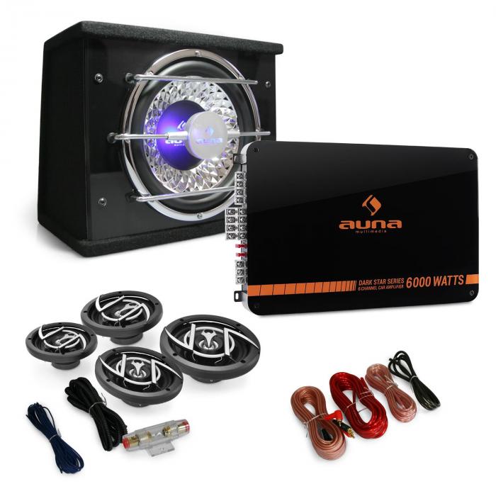 VOITURE TUNING PACK SONO AUTO 4 x HAUT PARLEURS AMPLI LED 4 CANAUX SET DE CABLES