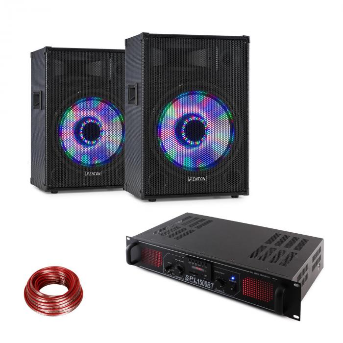 LED15BT Zestaw nagłośnieniowy dla DJ’a, 2 x kolumna nagłośnieniowa Fenton, wzmacniacz Hi-Fi Skytec, kabel do kolumny