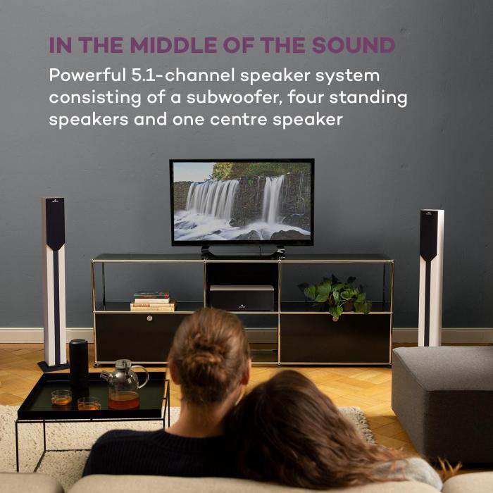 Sistema Home Cinema 5.1 3+5 AUX Puerto USB/SD Blanco Pantalla LED Mando a Distancia 5 Altavoces satélite Potencia 190 W Estética Madera Bluetooth auna Areal Elegance Subwoofer 5