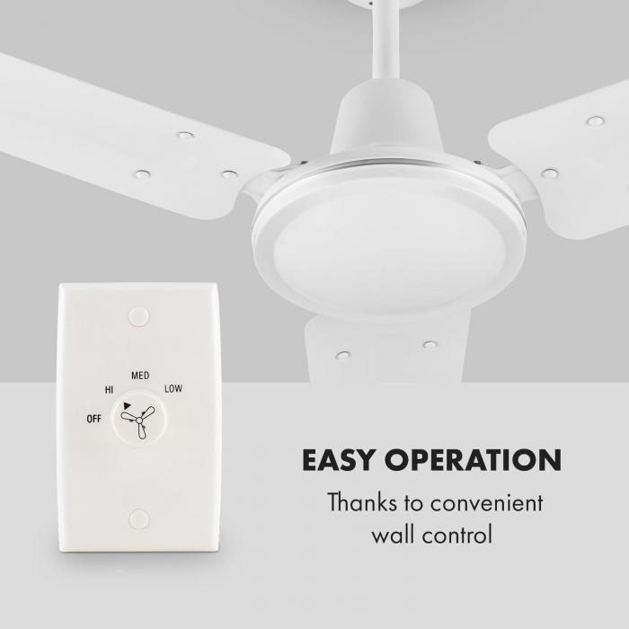 Diametro 122 cm Klarstein Spin Doctor Acciaio Laccato Ventilatore 3 Velocit/à Ventilatore da Soffitto Senza Illuminazione 55 W Colore Bianco Interruttore a Parete Rotore con 3 Pale