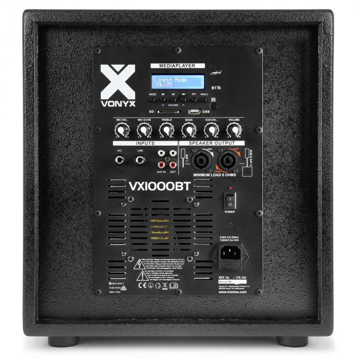 Vonyx VX1000BT 2.2 Pack Sono Actif Enceintes 10 BT 2 x subwoofers MIC AUX 1000W Kit denceintes Actives Micro fourni et c/âble denceintes NL2 Interface Bluetooth Port USB et Lecteur de Carte SD