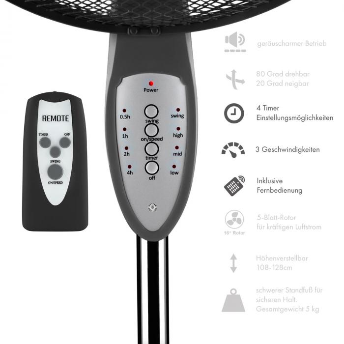 5 Rotorbl/ätter, Oszillationsfunktion, 50 Watt, 3 Stufen, Timer, Schutzgitter, Fernbedienung Klarstein Summerjam Standventilator Standl/üfter grau