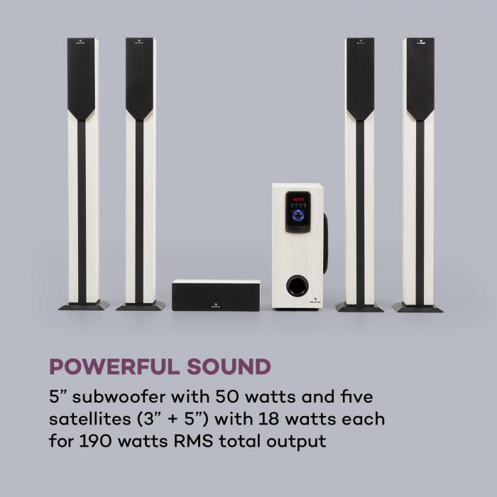 AUX Mando a Distancia 5 Altavoces sat/élite auna Areal Elegance Pantalla LED Sistema Home Cinema 5.1 Puerto USB//SD Subwoofer 5 Marr/ón Potencia 190 W Est/ética Madera 3+5 Bluetooth