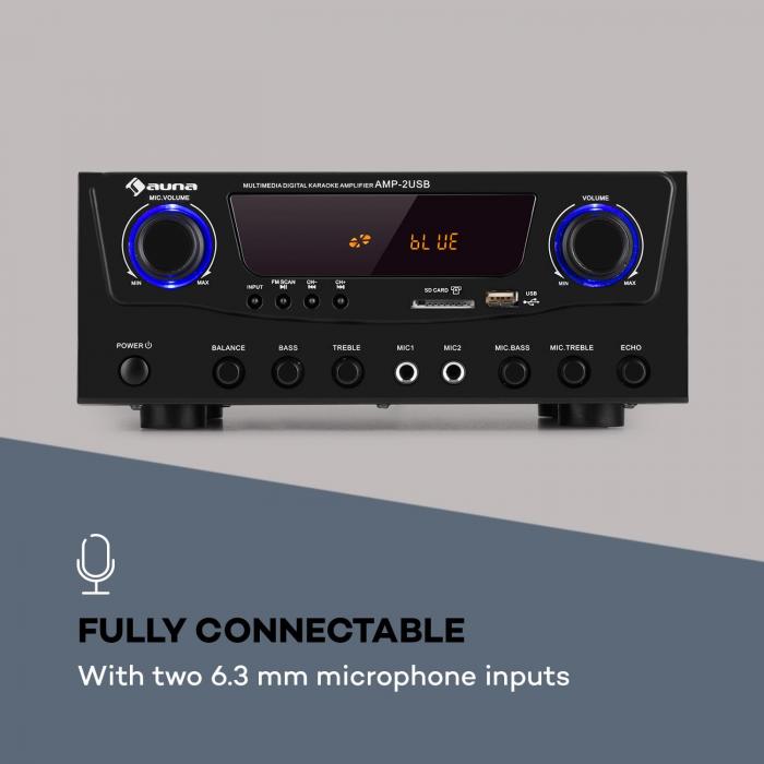 auna Amp2 BT Hifi Amplifier 2x50 W BT USB SD 2 x Mic FM Radio Tuner Black
