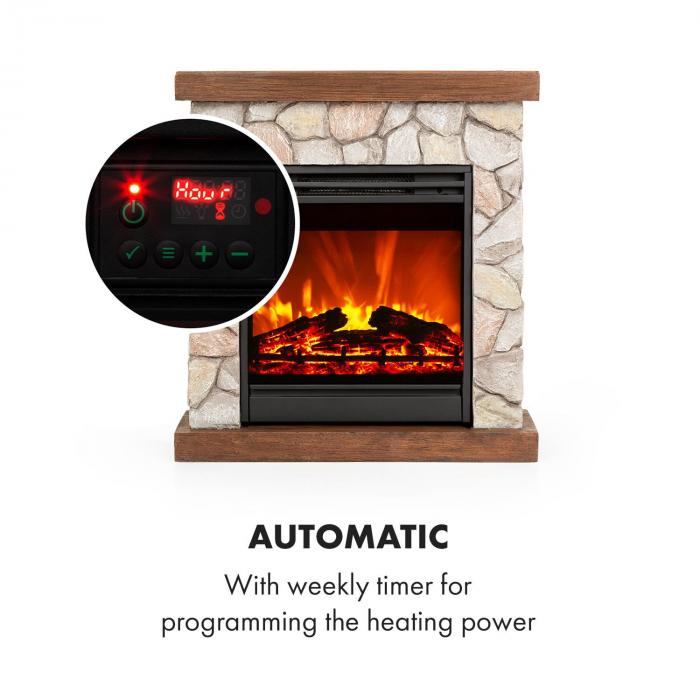 Chemin/ée /électrique Polystone LED KLARSTEIN Lienz Gris 900 et 1800W Illusion de Flamme 2 Niveaux de Puissance OpenWindow Detection T/él/écommande Minuterie hebdomadaire D/écor en Pierre