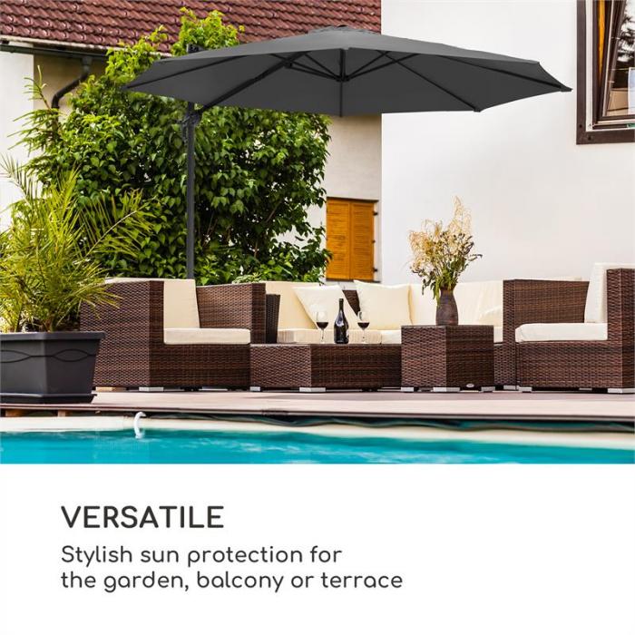Estructura de Aluminio Revestimiento de PA Manivela Poli/éster Impermeable blumfeldt Belo Horizonte Base suministrada Rotaci/ón de 360/° Sombrilla Protecci/ón Solar UV 30 Altura Regulable Gris