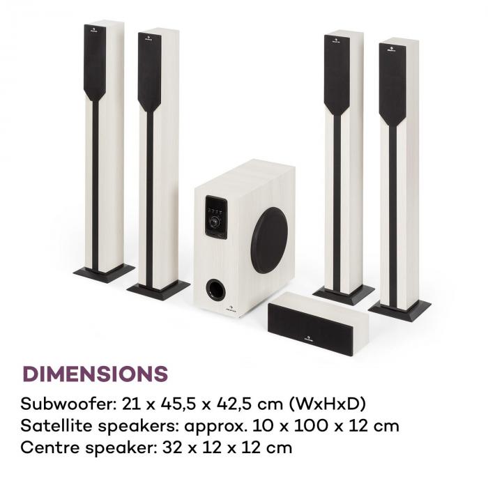 Sistema Home Cinema 5.1 3+5 AUX Puerto USB/SD Blanco Pantalla LED Mando a Distancia 5 Altavoces satélite Potencia 190 W Estética Madera Bluetooth auna Areal Elegance Subwoofer 5